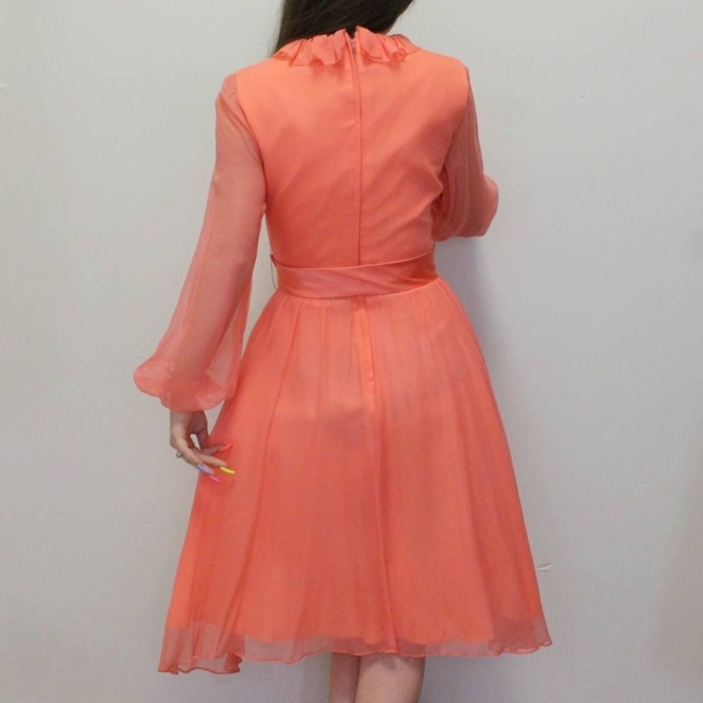 1960s Salmon Pink Chiffon Cocktail Dress - Picture 2 of 11